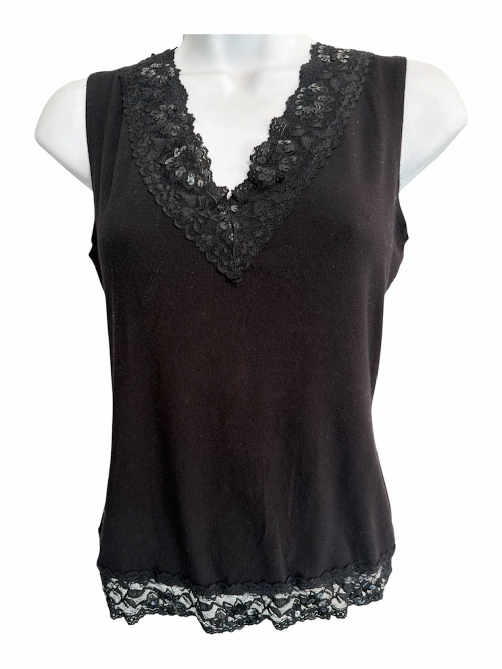 Vol 1 Black Sleeveless Lace  & Sequin Trim V-Neck Tank Top